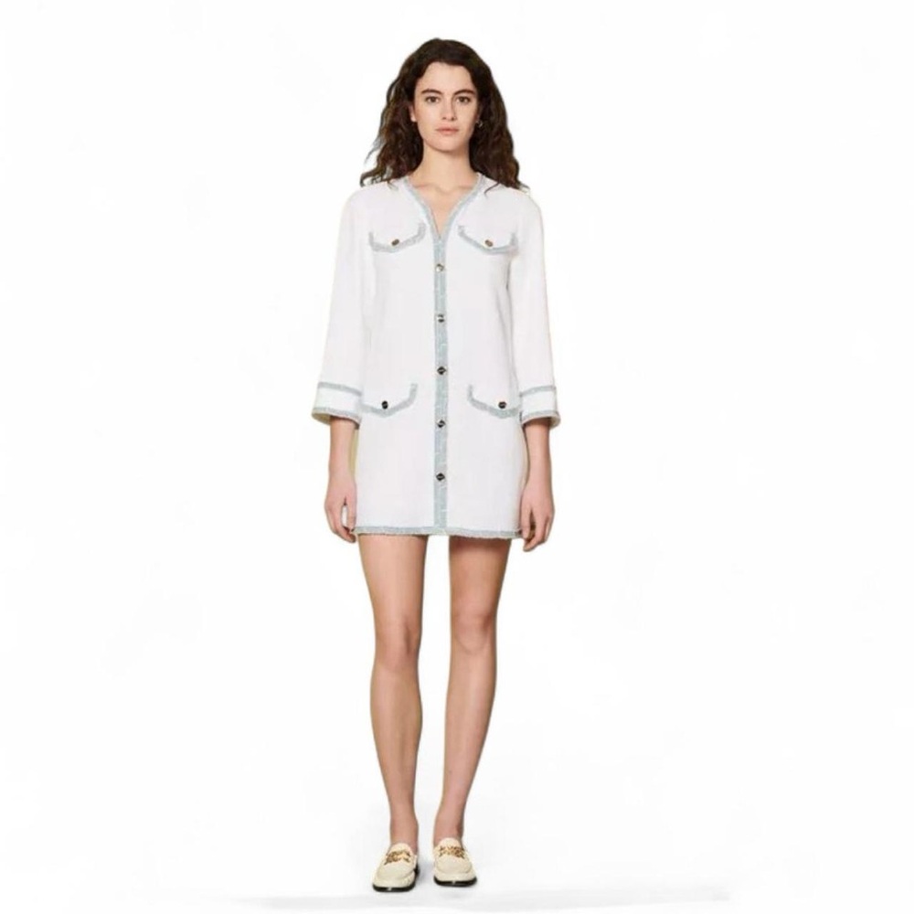 NWOT Sandro Paris Keren boucle tweed dress French white blue trim